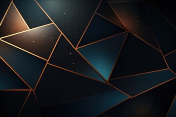 Abstract geometric background with gold lines and glowing particles.