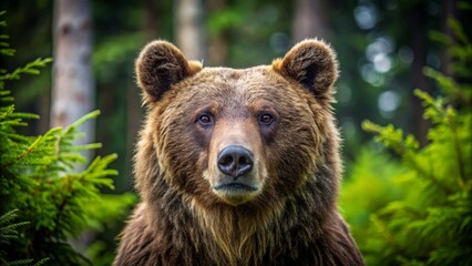 Fototapeta premium A majestic brown bear's curious face gazes directly at the camera, its expressive eyes and nose surrounded by thick, luxurious fur in a serene forest.
