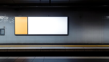 Blank billboard on tiled subway platform.