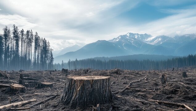 A large tree stump in a clear-cut forest.
