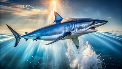 Naklejka premium A majestic mako shark breaches the ocean's surface, its streamlined body glistening in the sunlight, revealing its striking blue-gray hues and powerful physique.