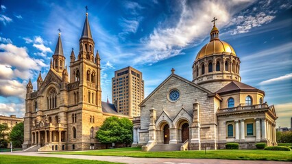 Naklejka premium A majestic stone church stands apart from a stately government building, symbolizing the constitutional divide between religious institutions and secular authority.
