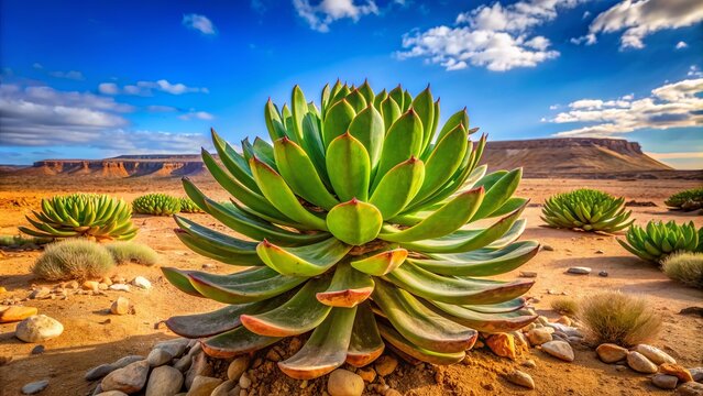 A majestic succulent plant with thick, waxy leaves and vibrant green stems stands tall in the arid desert landscape, surrounded by dry sand and rocky outcrops.