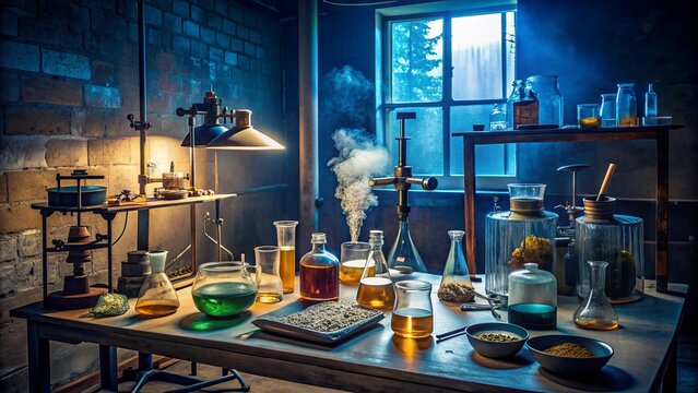 A makeshift laboratory setup in a dark, dingy room with various chemicals, beakers, and scales, hinting at illicit drug manufacturing and trafficking activities.