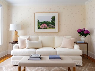 Fototapeta premium Elegant Study with Neutral-Colored Wallpaper and Classic Furnishings