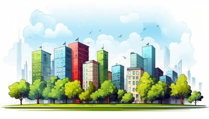 Fototapeta premium Static urban architecture flat design side view city buildings cartoon drawing vivid