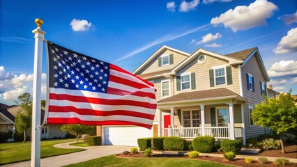 American flag waving in front of a suburban home with a sold sign, symbolizing affordable housing and government-backed mortgages in a thriving community.