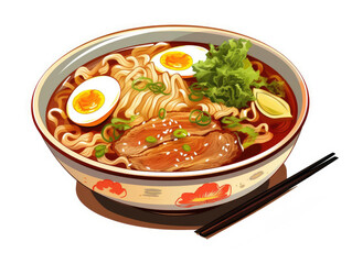 Delicious bowl of ramen featuring noodles, eggs, greens, and meat, complemented by chopsticks for an authentic dining experience.