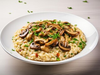 Delicious mushroom risotto garnished with fresh herbs in a white bowl, showcasing a creamy texture and rich flavors.