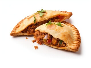 Delicious empanada filled with savory meat and vegetables, garnished with fresh herbs. Perfect for culinary presentations.