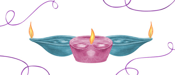 Three Diya candles with burning flame. Turquoise and pink oil lamps for Diwali holiday. Watercolor illustration. Composition framed by graceful thin ribbons. For poster, advertising, greeting