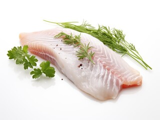 Fresh fish fillet garnished with herbs and spices, ideal for culinary presentations and recipes.