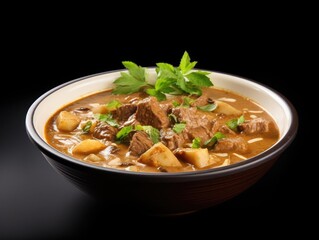 Delicious bowl of hearty beef stew with potatoes and fresh herbs on a dark background.