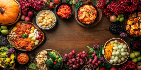 Vibrant korean food frame with copy space on a wooden table, perfect for chuseok celebrations. Colorful ingredients showcase healthy cuisine, capturing autumn harvest traditions in asia. Banner