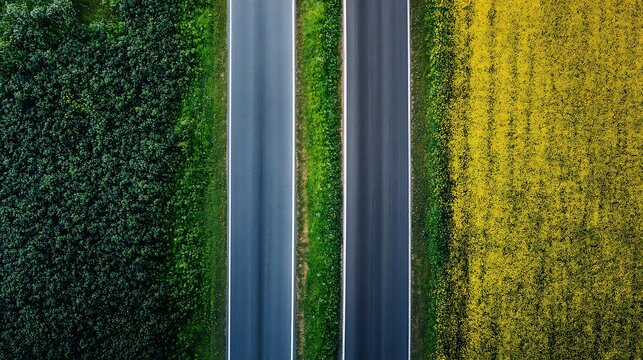 Aerial View of Two Parallel Roads Separated by Green and Yellow Fields