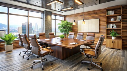 A modern conference room with a large wooden table, leather chairs, and a whiteboard displaying a company's goal-oriented strategic planning and brainstorming session.