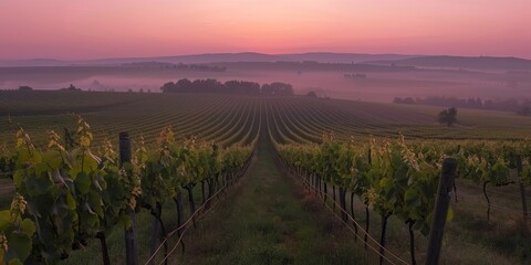 Fototapeta premium Breathtaking vineyard landscape at sunrise with mist and rows of grapevines stretching towards the horizon.