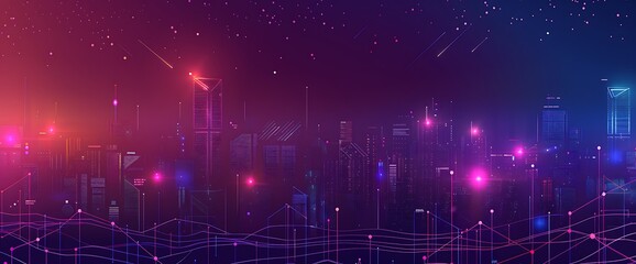 Fototapeta premium Futuristic cityscape with glowing lines and dots.