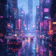 Obraz premium Retro Cityscape with Neon-Lit Skyscrapers and Bustling Streets on a Rainy Night