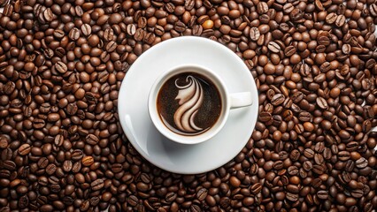 Fototapeta premium A modern minimalist illustration of a popular coffee cup with a siren logo, surrounded by coffee beans and subtle texture, on a clean white background.