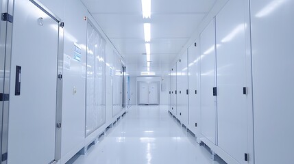 Refrigeration chamber for food storage. A modern commercial kitchen featuring stainless steel appliances and fresh vegetables