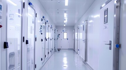 Refrigeration chamber for food storage. A modern commercial kitchen featuring stainless steel appliances and fresh vegetables