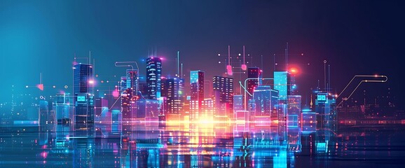 Fototapeta premium Futuristic cityscape with glowing lines, reflecting in water.