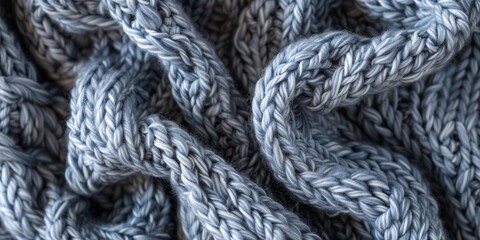 Close-up of a textured, knitted fabric in soft grey hues, showcasing intricate patterns and cozy appeal.