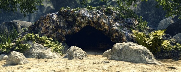 A dark cave entrance hidden in rocks and foliage.