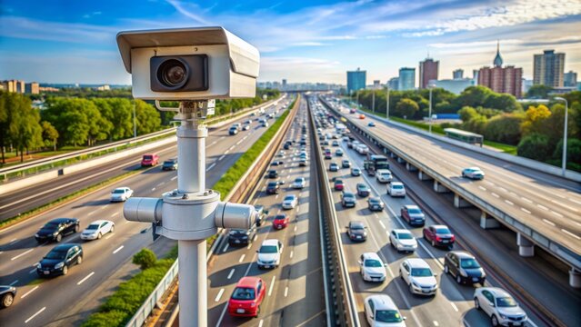 A modern traffic camera mounted on a tall pole overlooks a busy highway intersection with multiple lanes of cars and trucks speeding by in both directions.
