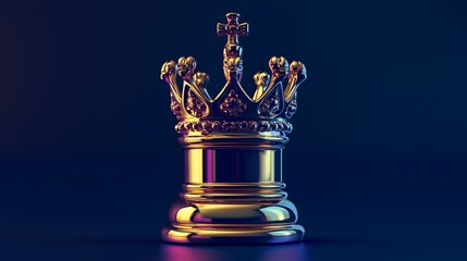 A golden crown with a cross on top, illuminated by vibrant blue and purple light. Royalty, leadership, and success concept.
