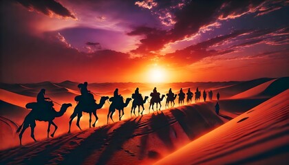 Naklejka premium silhouette of a caravan of traders on camels along a desert trail during sunset.