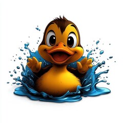 A joyful duckling splashing in a puddle, colorful line drawing, children's style, simple attire, clean pure white background, hand-drawn material, easy to cut out, 1:1 aspect ratio