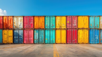Fototapeta premium Colorful Shipping Containers Stacked in a Port Yard Under Clear Blue Sky, Industrial Logistics and Transportation Concept