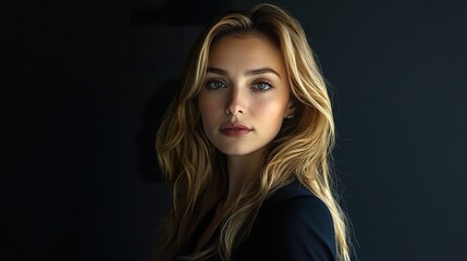 Fototapeta premium A complete view of a Canadian woman in modern fashion, such as a stylish dress or smart business outfit, capturing her contemporary and sophisticated style, isolated on a dark background
