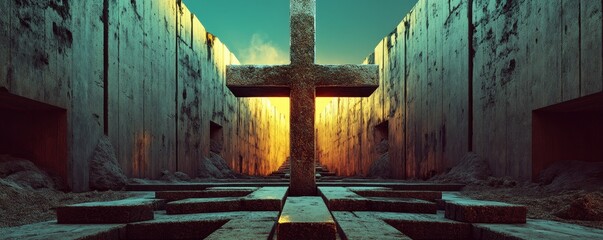 A large wooden cross stands in the middle of a deserted, stone-walled alleyway.
