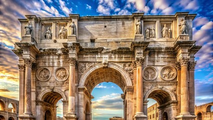 Obraz premium Ancient Roman architecture and ornate details adorn the imposing Arch of Constantine, a historic landmark in Rome, Italy, symbolizing power and grandeur.