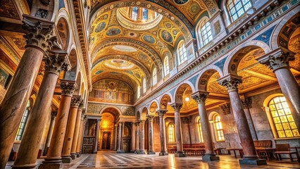 Fototapeta premium Ancient Roman architecture interior with high ceilings, ornate columns, and walls adorned with intricate mosaics, arches, and ornamental carvings in a warm, sunlit atmosphere.