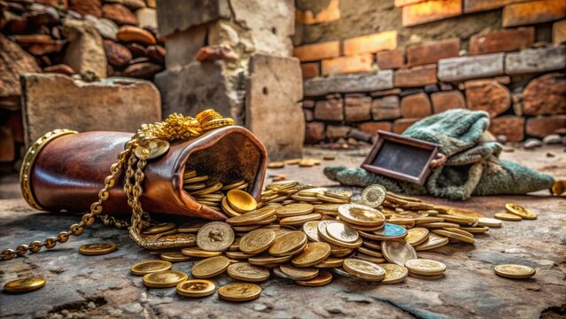 Ancient Roman coins and gold jewelry spilled from a worn leather pouch, surrounded by crumbling stone ruins and faded frescoed walls.