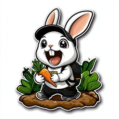 A joyful rabbit carrying a carrot, colorful line drawing, children's style, simple attire, clean pure white background, hand-drawn material, easy to cut out, 1:1 aspect ratio