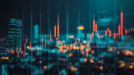 Abstract with pastel colorful charts and graphs with statistics to analyze business potential and forecast future development of companies growth. with city skyline and modern building background