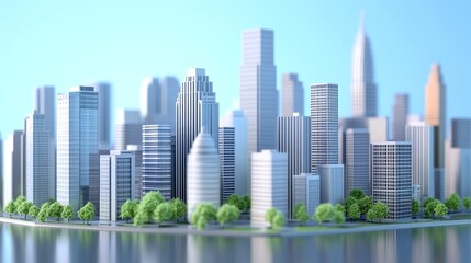 A modern cityscape with tall skyscrapers and green trees along the waterfront.  The city skyline is illuminated by the morning sun.