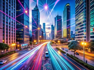 Obraz premium Vibrant cityscape with streaking headlights, bustling streets, and digital connectivity graphics overlay, embodying the fast-paced rhythm and technological pulse of modern urban living.