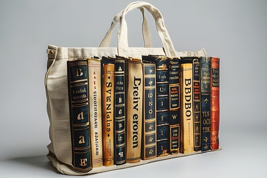 A stylish tote bag featuring an array of colorful books, perfect for book lovers on the go.
