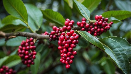 Coffee Tree Bursting with Red Beans on Scenic Plantation