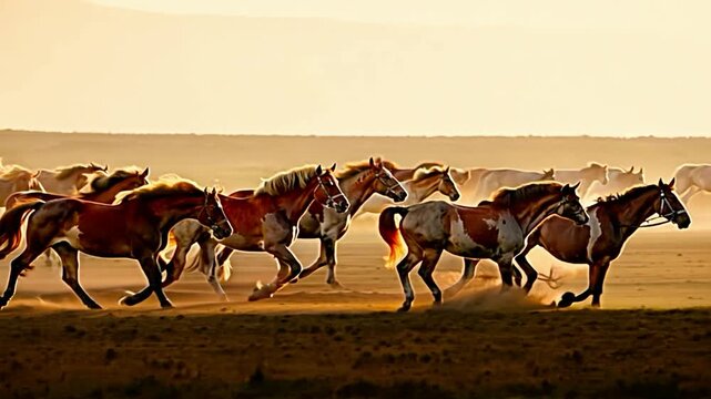 Herd of wild horses galloping across the golden plains at sunset