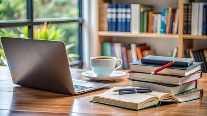 An organized desk with a notebook, laptop, and coffee cup, surrounded by academic books and certificates, highlighting a person's commitment to ongoing education and self-improvement.