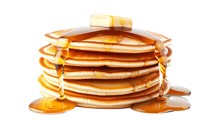 stack of pancakes with syrup and butter, detailed texture and mouth-watering appearance, isolated on a white background