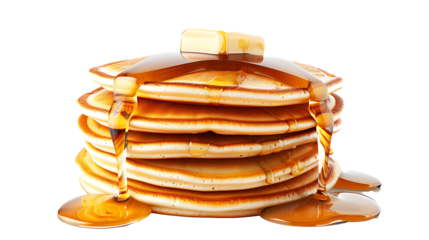 stack of pancakes with syrup and butter, detailed texture and mouth-watering appearance, isolated on a white background