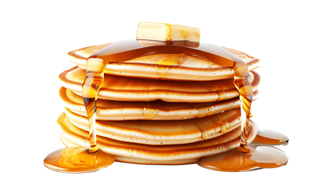 stack of pancakes with syrup and butter, detailed texture and mouth-watering appearance, isolated on a white background